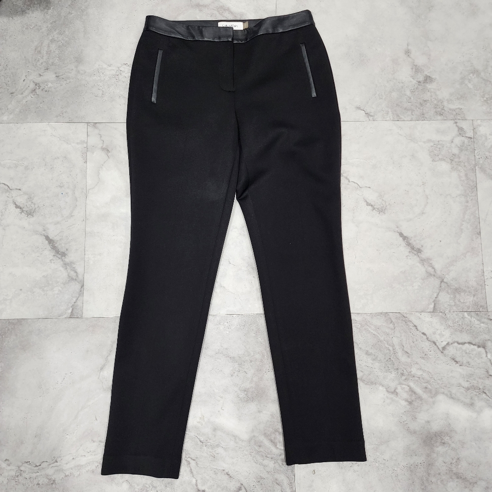 Calvin Klein Black Scuba Crepe  Leather Trim Slim Skinny Leg Ankle Pants Size 4P